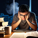 **

> A stressed student surrounded by stacks of books and notes, illuminated by the glow of a laptop screen late at night, with a steaming mug of coffee nearby. The style should evoke a sense of pre-exam anxiety and academic pressure. Consider a slightly desaturated color palette.

**