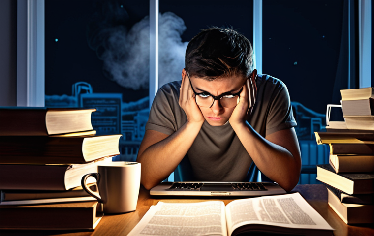 **

> A stressed student surrounded by stacks of books and notes, illuminated by the glow of a laptop screen late at night, with a steaming mug of coffee nearby. The style should evoke a sense of pre-exam anxiety and academic pressure. Consider a slightly desaturated color palette.

**