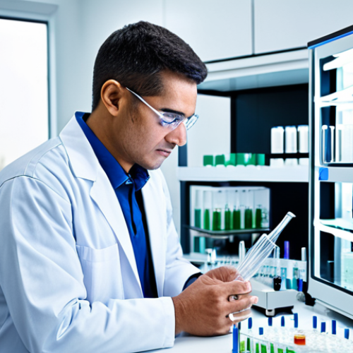 Home 24 A focused professional male laboratory technician, wearing a modest, clean lab coat and appropriate professional attire, meticulously examines a series of critical samples in a modern diagnostic laboratory. He is surrounded by advanced automated equipment and numerous test tubes, reflecting a high-volume, demanding environment. The lighting is bright and sterile, emphasizing precision. safe for work, appropriate content, fully clothed, professional, perfect anatomy, correct proportions, natural pose, well-formed hands, proper finger count, natural body proportions, professional photography, high quality.