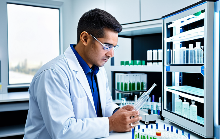 A focused professional male laboratory technician, wearing a modest, clean lab coat and appropriate professional attire, meticulously examines a series of critical samples in a modern diagnostic laboratory. He is surrounded by advanced automated equipment and numerous test tubes, reflecting a high-volume, demanding environment. The lighting is bright and sterile, emphasizing precision. safe for work, appropriate content, fully clothed, professional, perfect anatomy, correct proportions, natural pose, well-formed hands, proper finger count, natural body proportions, professional photography, high quality.