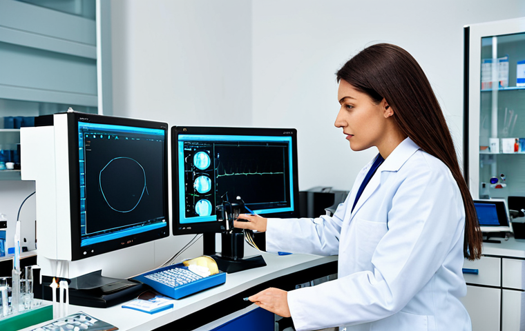 Modern Clinical Biochemistry Lab**

"A clean, well-lit clinical biochemistry laboratory in Italy, featuring a fully clothed, professional female technician in a lab coat analyzing samples with modern equipment. Display various automated analyzers and diagnostic tools in the background. Appropriate attire, safe for work, perfect anatomy, natural proportions, professional photography, high quality."

**