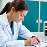 임상병리사 병원 내부정책 이해 - "A professional female medical laboratory technician in a fully clothed, modest lab coat, carefully ...