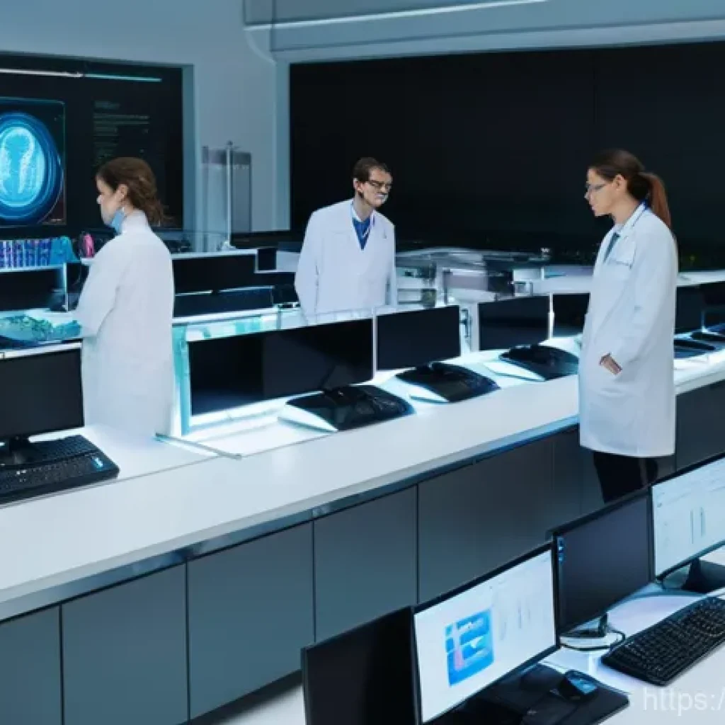 임상병리사와 학회 활동 - **Prompt:** A diverse team of five biomedical laboratory technicians, men and women of various ages,...