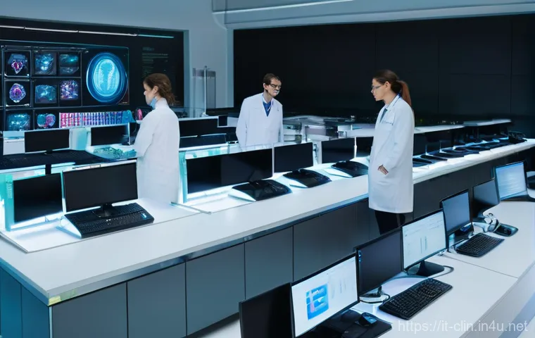 임상병리사와 학회 활동 - **Prompt:** A diverse team of five biomedical laboratory technicians, men and women of various ages,...