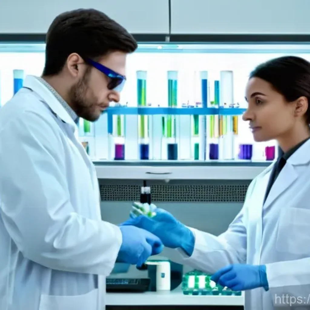 임상병리사와 정기 건강검진 - A bright, clean, and advanced clinical laboratory in Italy. Two diverse lab technicians, one male an...