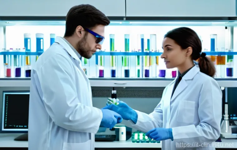 임상병리사와 정기 건강검진 - A bright, clean, and advanced clinical laboratory in Italy. Two diverse lab technicians, one male an...