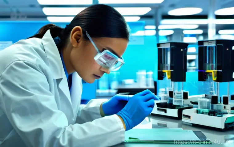 임상병리사의 하루 일과 - **Prompt:** A focused Biomedical Laboratory Technician (TSLB) in a bright, modern Italian diagnostic...