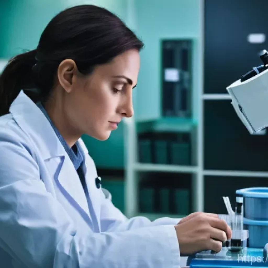 임상병리사의 주 52시간 근무제 - **Prompt:** A dedicated but visibly weary female clinical pathologist in her late 30s, dressed in a ...