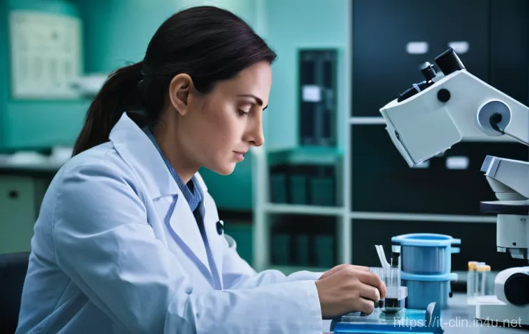 임상병리사의 주 52시간 근무제 - **Prompt:** A dedicated but visibly weary female clinical pathologist in her late 30s, dressed in a ...