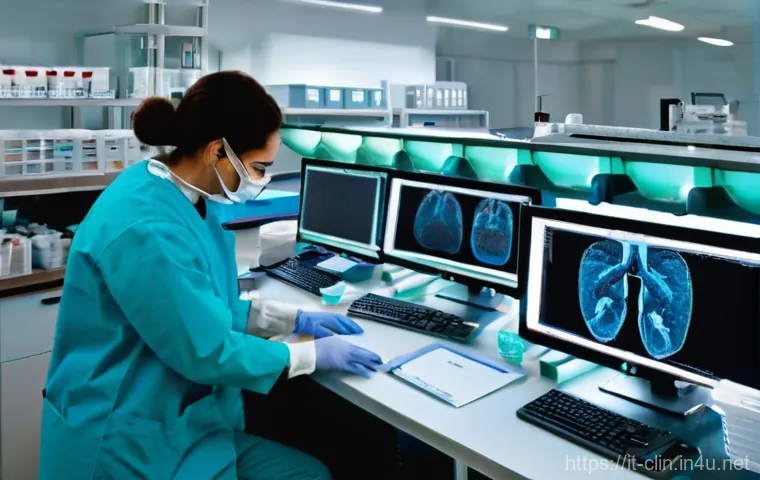 임상병리사의 주 52시간 근무제 - **Prompt:** A dedicated but visibly weary female clinical pathologist in her late 30s, dressed in a ...