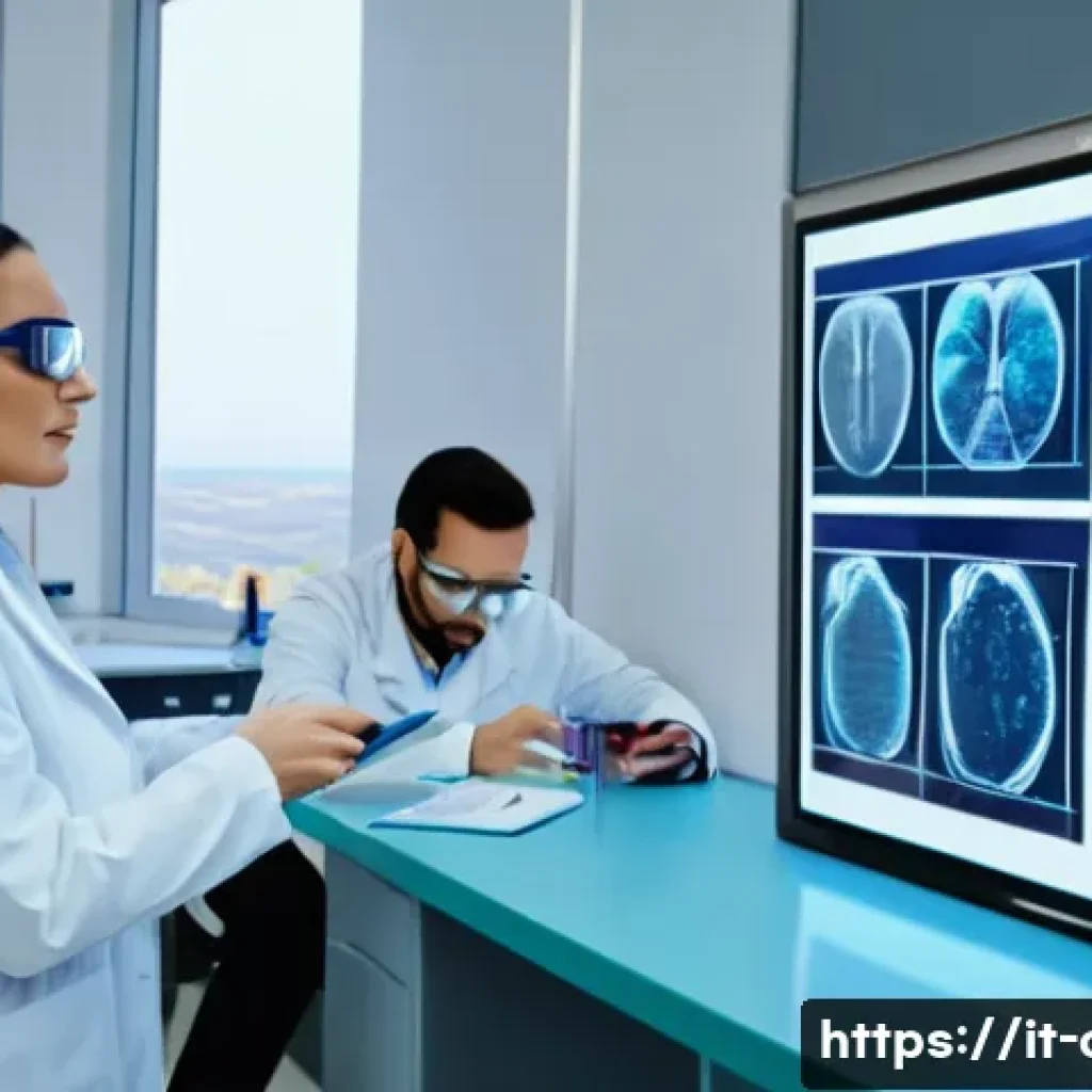 임상병리사 진급 및 승진 사례 - A modern clinical laboratory setting in Italy, showing a diverse team of professionals wearing lab c...