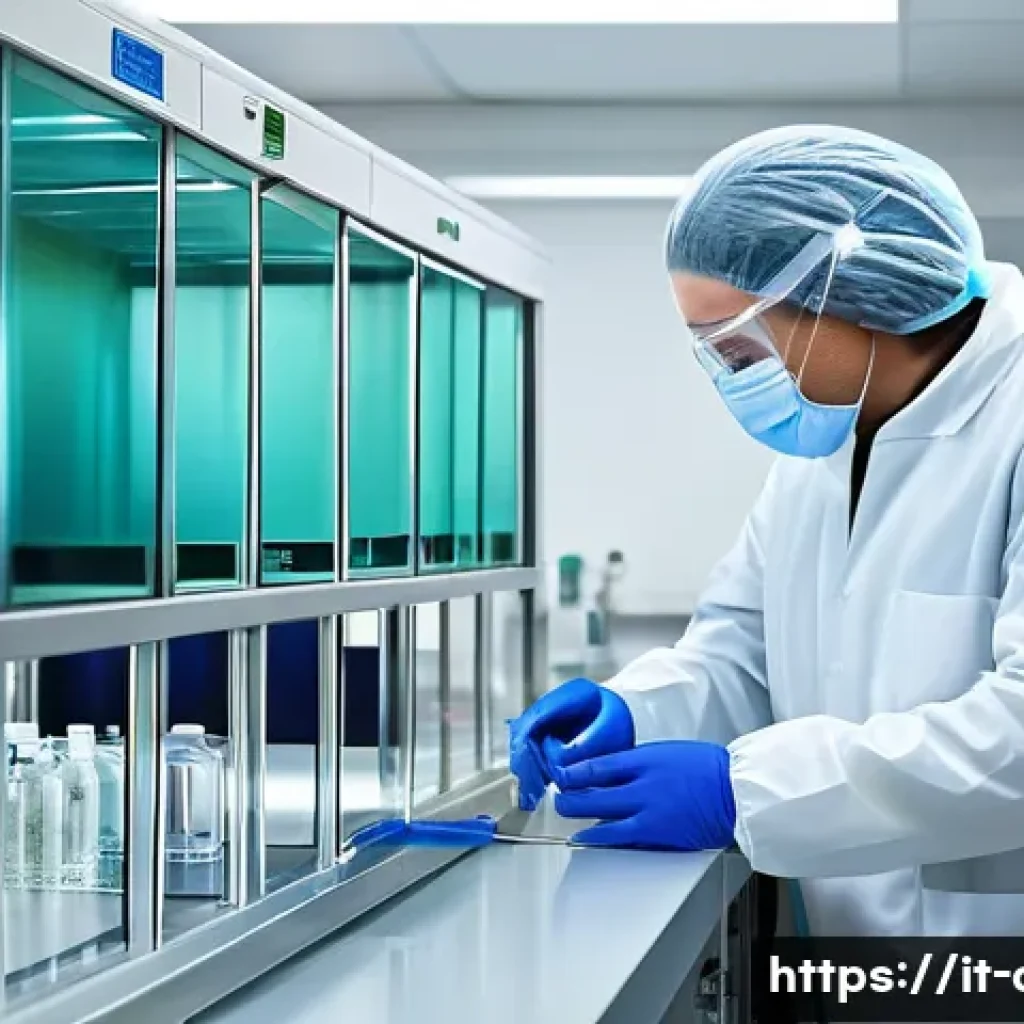 임상병리사와 세포 배양 과정 - A modern sterile cell culture laboratory featuring a laminar flow hood with a scientist wearing full...