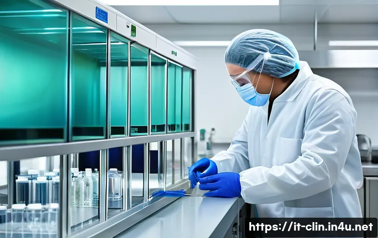 임상병리사와 세포 배양 과정 - A modern sterile cell culture laboratory featuring a laminar flow hood with a scientist wearing full...