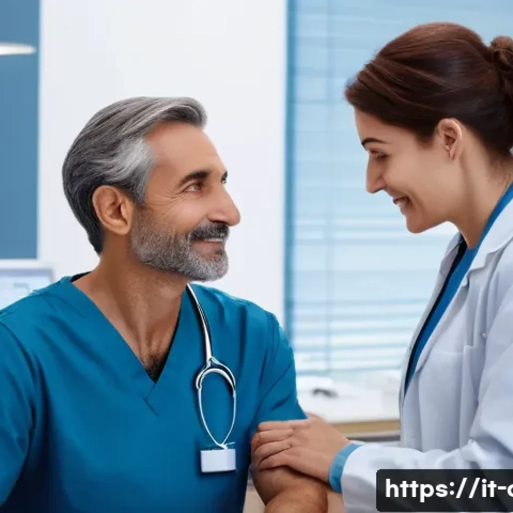 임상병리사와 환자 커뮤니케이션 - A compassionate laboratory technician in a modern Italian medical lab gently reassuring a middle-age...