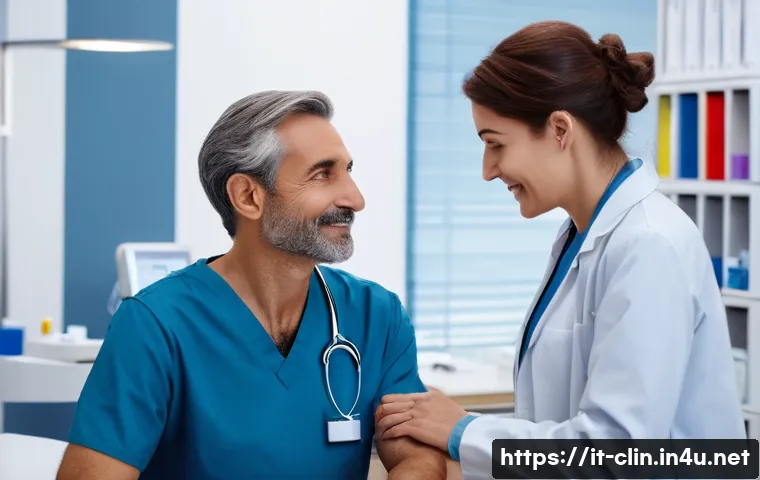 임상병리사와 환자 커뮤니케이션 - A compassionate laboratory technician in a modern Italian medical lab gently reassuring a middle-age...