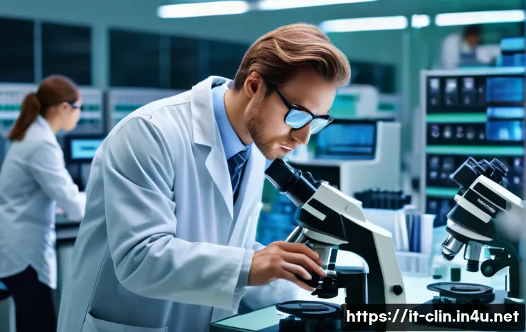 임상병리사 경력전환 직업 추천 - A professional biomedical researcher in a modern university laboratory, wearing a lab coat and safet...