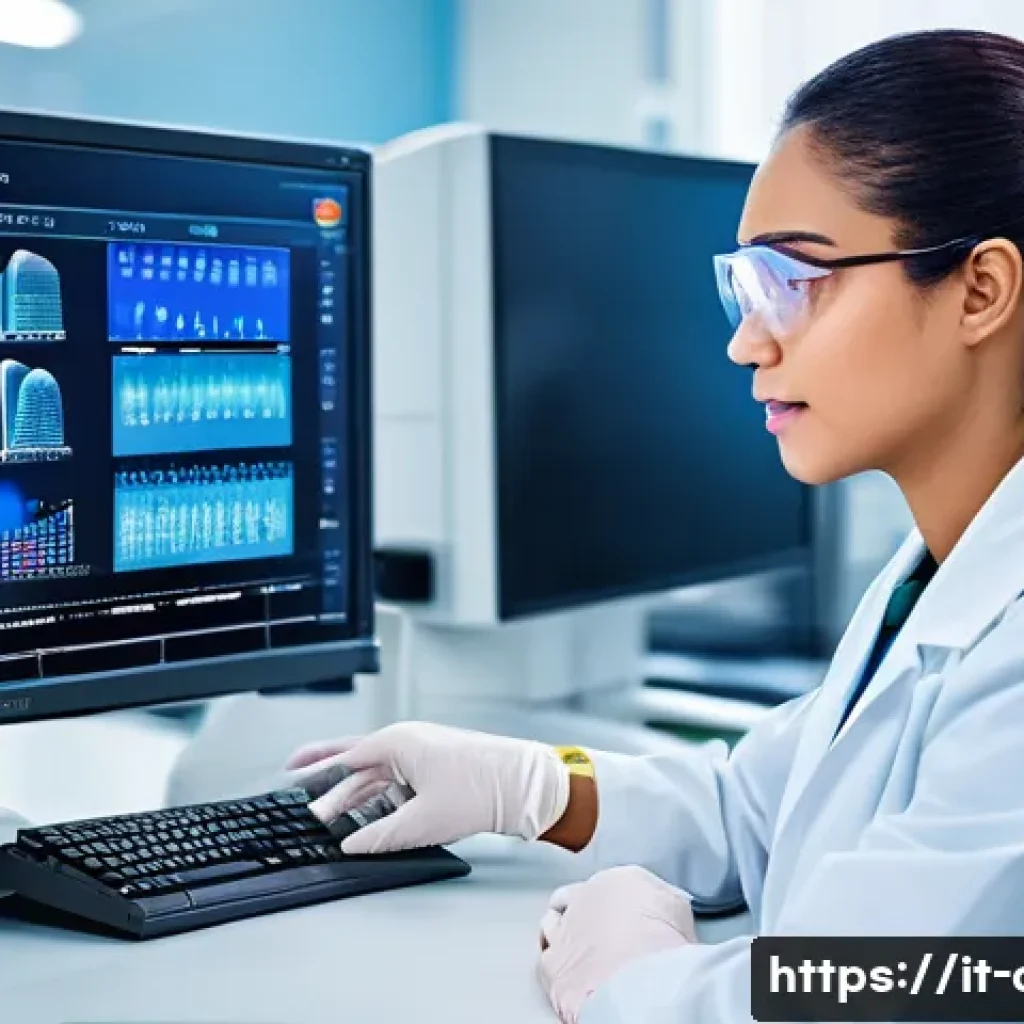 임상병리사 인턴십 경험기 - A modern clinical laboratory setting showing a young professional technician wearing a lab coat, glo...