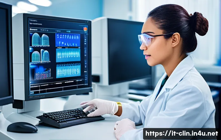 임상병리사 인턴십 경험기 - A modern clinical laboratory setting showing a young professional technician wearing a lab coat, glo...