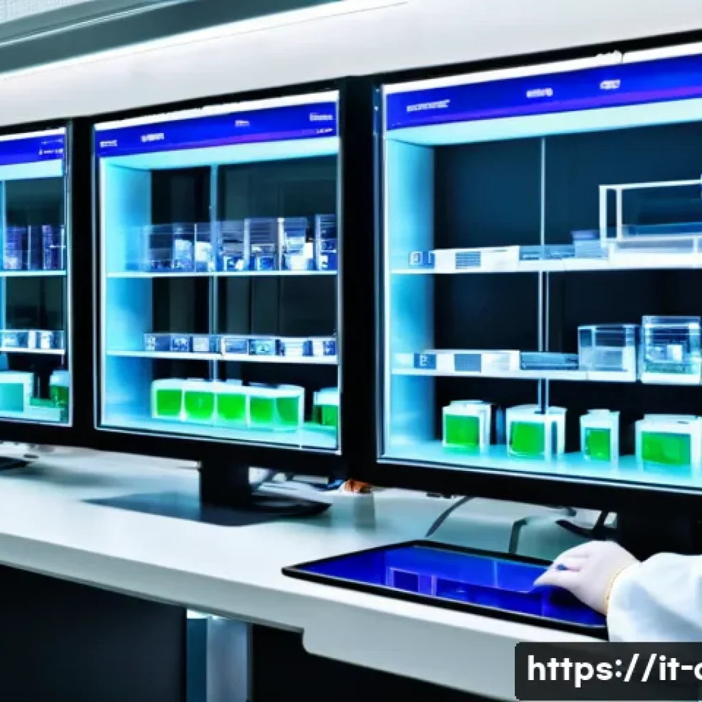 임상병리사와 인공지능 활용 사례 - A modern clinical pathology laboratory featuring sleek, automated digital diagnostic machines with r...
