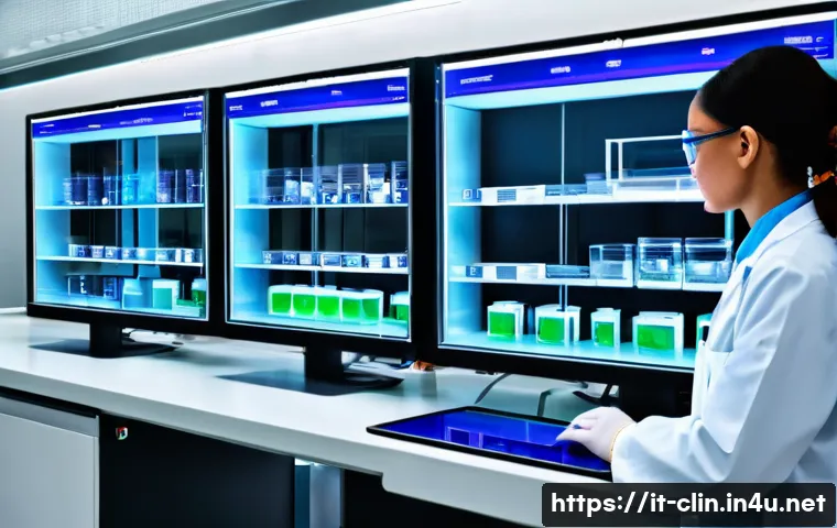 임상병리사와 인공지능 활용 사례 - A modern clinical pathology laboratory featuring sleek, automated digital diagnostic machines with r...