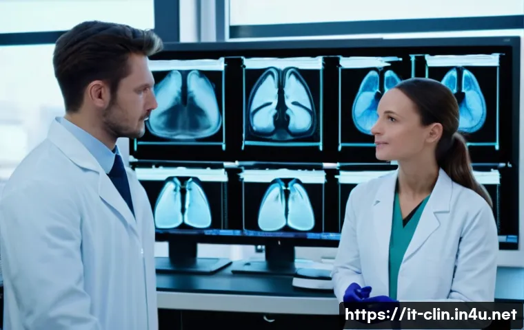 임상병리사와 방사선사 협업 - A modern hospital laboratory scene showing a skilled laboratory technician and a radiologist collabo...