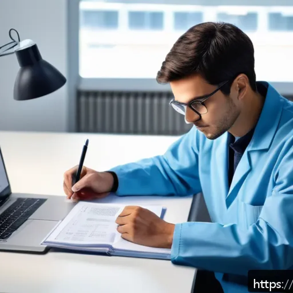 임상병리사 자격증 시험 전 필수 체크 - A focused Italian clinical laboratory technician studying at a clean, organized desk with natural su...