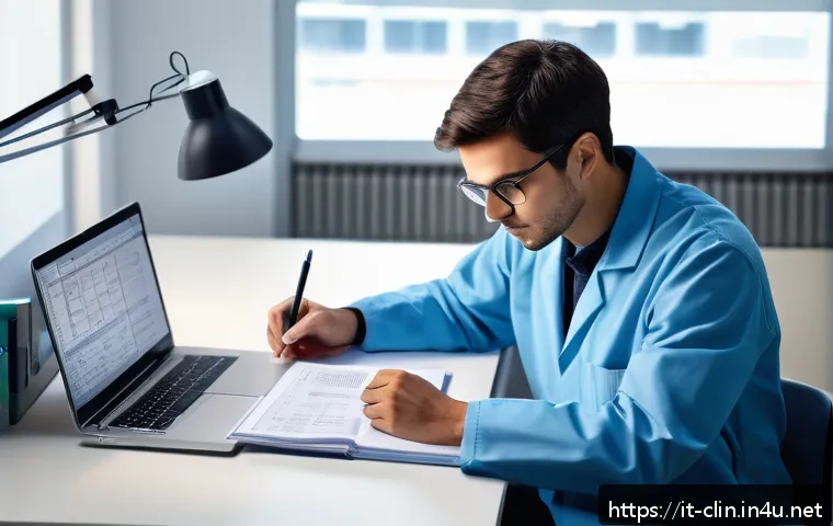 임상병리사 자격증 시험 전 필수 체크 - A focused Italian clinical laboratory technician studying at a clean, organized desk with natural su...