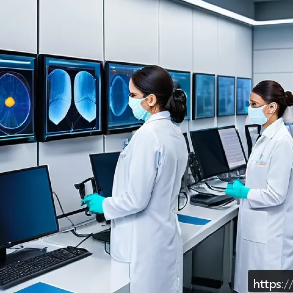 임상병리사와 진단 키트 개발 - A modern clinical laboratory interior showcasing advanced automated diagnostic devices with sleek ha...