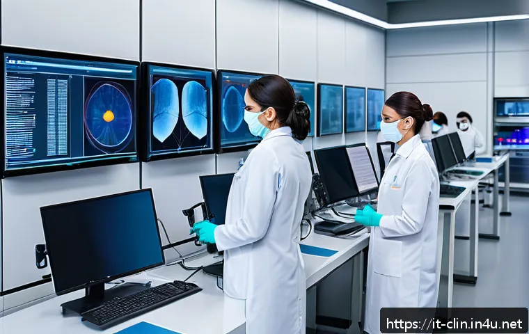 임상병리사와 진단 키트 개발 - A modern clinical laboratory interior showcasing advanced automated diagnostic devices with sleek ha...