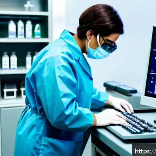 Home 32 임상병리사 실제 업무 사례 - A detailed clinical laboratory scene showcasing a focused laboratory technician wearing full persona...