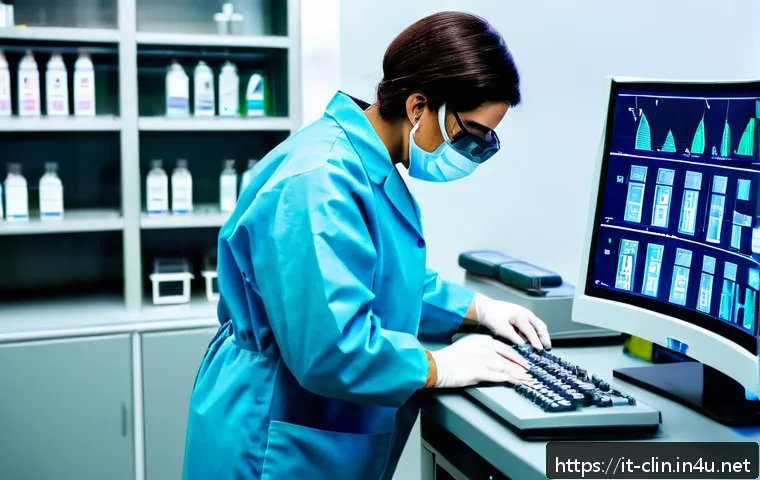 임상병리사 실제 업무 사례 - A detailed clinical laboratory scene showcasing a focused laboratory technician wearing full persona...