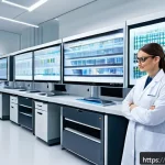 Home 19 임상병리사와 최신 유전자 기술 - A modern clinical genetics laboratory interior, featuring advanced next-generation sequencing (NGS) ...