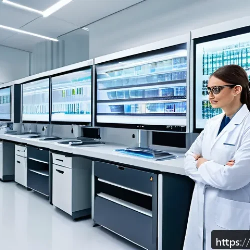 Home 31 임상병리사와 최신 유전자 기술 - A modern clinical genetics laboratory interior, featuring advanced next-generation sequencing (NGS) ...