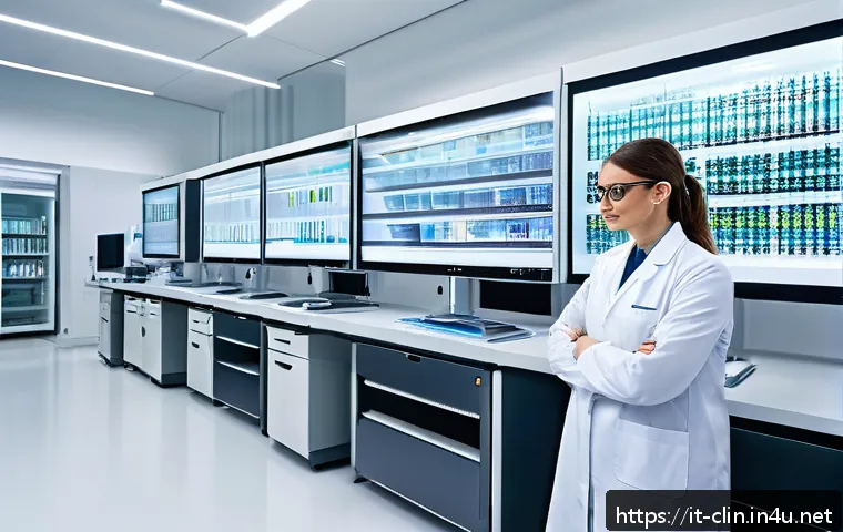 임상병리사와 최신 유전자 기술 - A modern clinical genetics laboratory interior, featuring advanced next-generation sequencing (NGS) ...