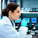 Home 23 임상병리사 해외 자격증 취득법 - A professional biomedical laboratory technician in a modern European clinical laboratory setting, we...