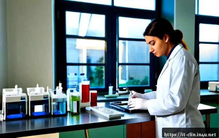 임상병리사 병원 근무 VS 연구소 근무 - Photorealistic split-screen comparison of a clinical laboratory technologist working in a modern Ita...