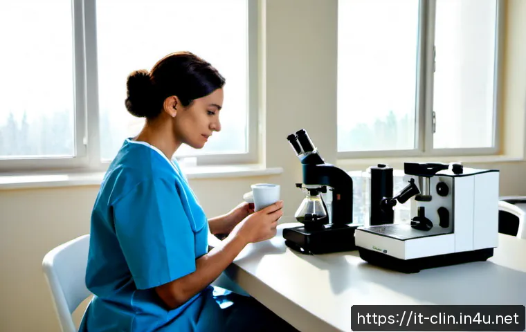 Home 17 임상병리사 멘탈 관리 전략 - Photorealistic clinical laboratory technician in a modern Italian hospital laboratory, seated calmly...